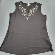 Dressbarn Women Shirt Size M Black Preppy Linen Embroidered Sleeveless Beads Top - £9.86 GBP