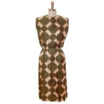1960s Vintage Silk Blouson Dress Geometric Print Olive Green Pencil Skir... - $2,390.93 MXN