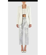 Stylish Trendy New Women&#39;s Silver Pant Genuine Lambskin Leather Party Ca... - $105.47