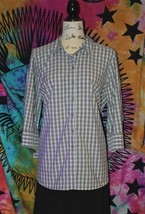 Joan Rivers Gray Gingham Button-Down Blouse~L~12~Long Sleeve~Top Shirt~Plaid - £6.16 GBP