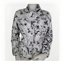 Chicos Denim Jacket Womens Sz 2 L Black Silver Graffiti Print Stretch Co... - $22.06