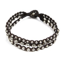 Triple Strand Galore Silver Beads Brown Cotton Rope Bracelet - £6.98 GBP
