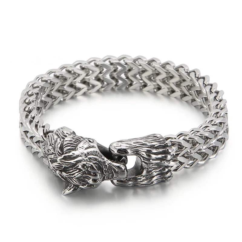 Wolf Head Animal Punk Men Bracelet Viking Retro Stainless Steel Wristband Charm  - £27.92 GBP