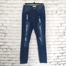 Bamboo Jeans Womens Juniors 7 Blue Dark Wash Denim Distressed Skinny - $19.99