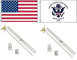 Mission Flags New 3&#39;x5&#39; USCG Coast Guard &amp; Embroidered American Flags &amp; 2 Pole K - £42.86 GBP