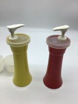 VTG 1970s Tupperware Pump Dispenser Set  Red Yellow Ketchup Mustard PICNIC FUN - £10.46 GBP