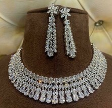Bollywood Style Indian Silver Plated CZ AD Choker Necklace Earring Jewelry Set - £113.90 GBP