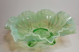 Jefferson Green Glass Opalescent 3-Footed Bowl Meander Pattern - $35.00