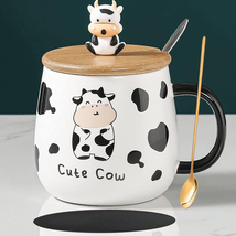 Cute Cow Mug Gifts Kawaii Cup Cow Coffe Mugs with Lid and Spoon Cow Print Stuff - £18.27 GBP