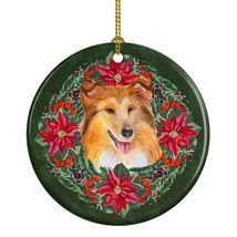 Sheltie Poinsetta Wreath Ceramic Ornament Christmas Tree Hanging Decorations for - $11.49