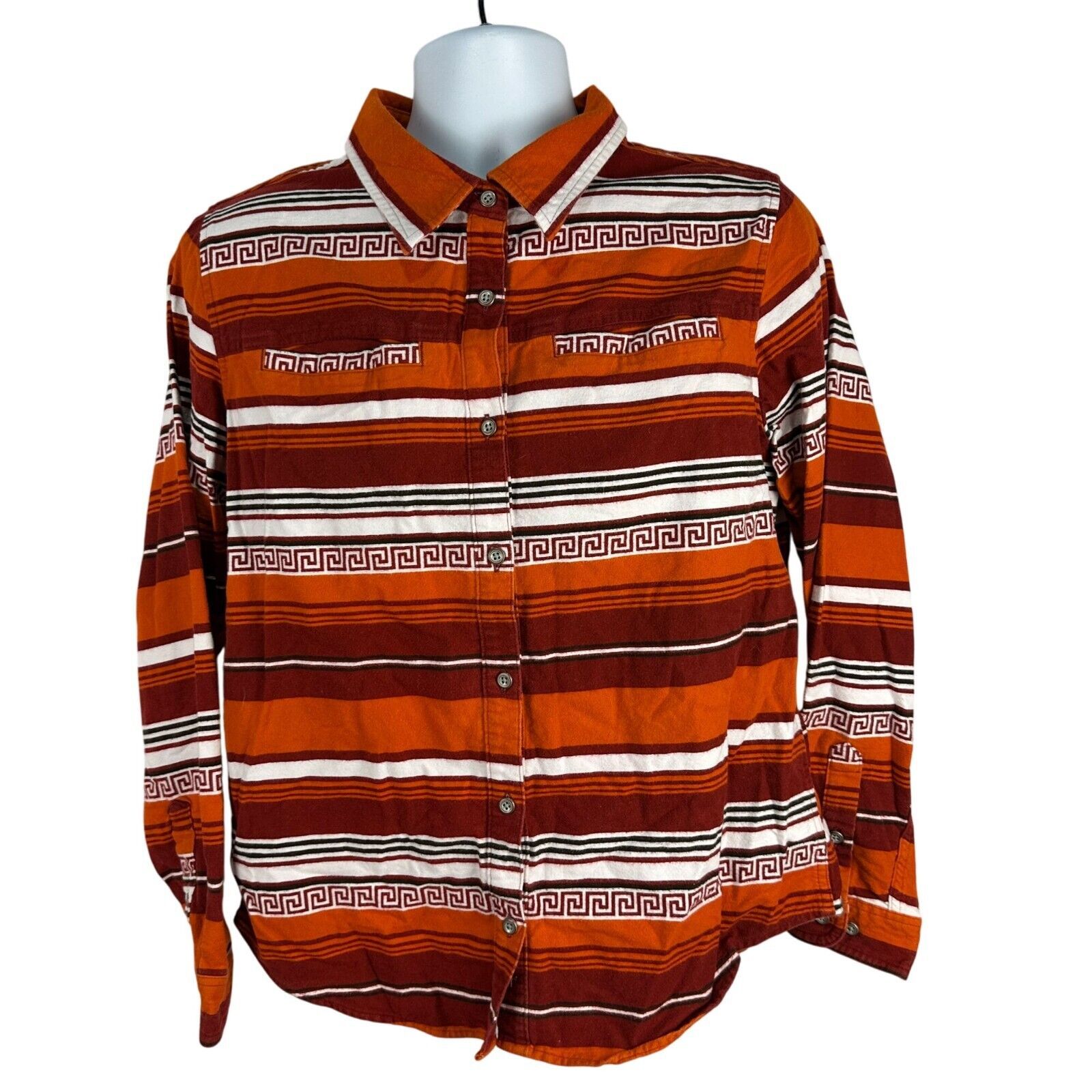 Cabelas Mens Size L Orange &amp; Red Striped Cotton Button-Up Shirt - $14.00
