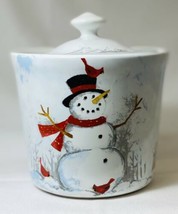 222 Fifth Winter Cheers Canister &amp; Lid Snowman Red Cardinal Christmas Cookie Jar - £31.74 GBP