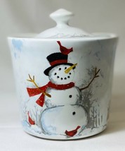 222 Fifth Winter Cheers Canister &amp; Lid Snowman Red Cardinal Christmas Cookie Jar - $39.59