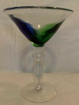Mouth Blown Margarita Martini Glass: Blue Green At Base Of Cup Clear Min... - $13.99