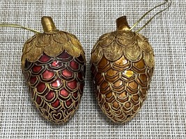 NYCO Victorian Cloisonné Enameled Ornaments Pair of Pinecones ~ Red &amp; Gold! - £26.52 GBP