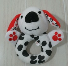 Bright Starts Dalmatian plush baby ring rattle black white red ears pawprints - $19.79