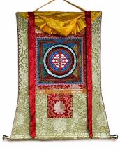 SHRIYANTRA MANDALA ORIGINAL NEWARI PAUVA THANGKA PAINTING WITH SILK BROCADE - $3,038.28 MXN