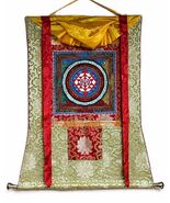 SHRIYANTRA MANDALA ORIGINAL NEWARI PAUVA THANGKA PAINTING WITH SILK BROCADE - $3,038.28 MXN