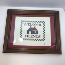 Welcome Friends House Finished and Framed Cross Stitch 16.5&quot; x 13.5 Wood... - $24.74