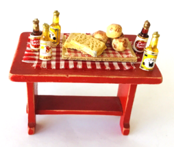 Miniature Dollhouse Rustic Trestle Table with Beer &amp; Bakery Snacks 2.75x1.75x2&quot;  - $29.02