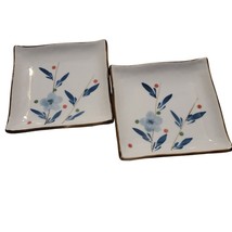 World Market Handpainted Square Sushi Plates Set of 2 Blue Floral Brown Trim VTG - £19.42 GBP