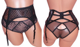 Victoria&#39;s Secret Lingerie Panty &amp; Garter Belt Set Mesh Flock Dot Black Size M - £19.65 GBP