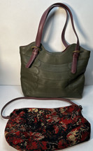 T U S K Leather Shoulder Bag Tote Designer Purse Green Purple with extra bag - £39.92 GBP