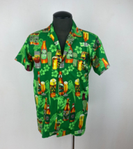 Tropical Tiki Bar Shirt Mens Medium Bright Green Beer Pattern Pocket Silky Party - £17.19 GBP