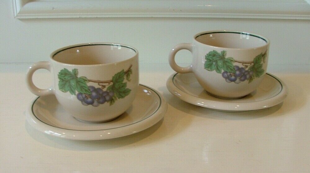 2 Epoch Wholesome Coffee Cup & Saucer Sets Stoneware Fruit Leaves Discontinued - $11.88