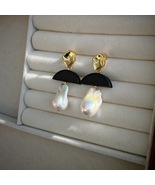 Baroque Pearl &amp; Black Wood Geometric Drop Earrings in Gold Tone - $45.99