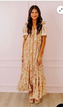 In Loom Boho Floral Midi Dress Cottage Core Dress Prarie Soho Beige Mult... - $46.74