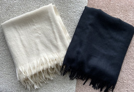 Pashmina Scarf Wrap, Pair of 2, Black &amp; Winter White 80% Lambswool HUGE 40&quot;x70&quot; - £24.59 GBP