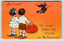 Halloween Postcard Tuck Fantasy Witch On Broom Children JOL Pumpkin 1912 Ser 188 - £52.46 GBP