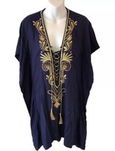 Lilly Pulitzer Chai Caftan Dress True Navy Blue GOLD Embroidery Cover Up 1 Size - $144.65