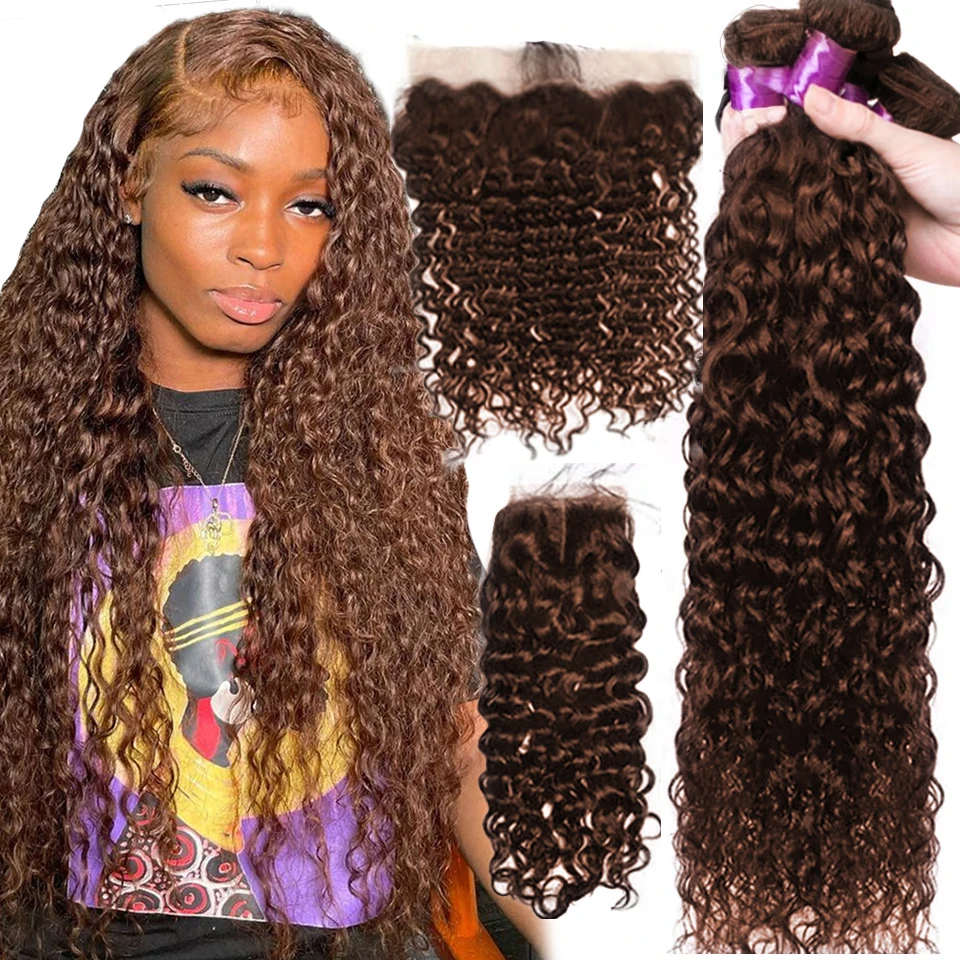 #4 Colored Water Wave Human Hair Bundles With Closure Peruvian Virgin Hair Weave - £107.85 GBP+