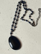 Dainty Blue Moonglow Beads on Silvertone Chain w Oval Teardrop Pendant Necklace - £11.93 GBP