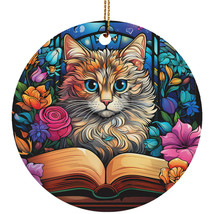 Funny Cat Book Retro Ornament Colors Stained Glass Art Wreath Christmas Gift - £11.57 GBP