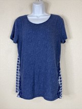 Signature Studio Womens Size M Blue Check Lace Embellished Blouse Short Sleeve - £5.80 GBP