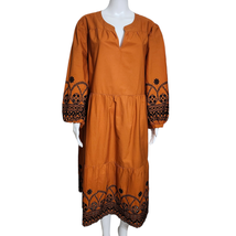 Chico&#39;s 3.5(18) Orange &amp; Black Poplin Embroidered Sleeve Midi Dress - £45.96 GBP