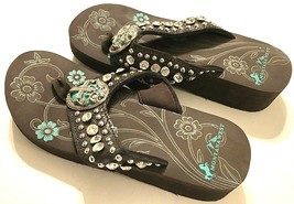 MONTANA WEST Women&#39;s Aztec Rhinestones Turquoise Cross Western Brown Sandals 10 - £23.17 GBP