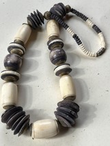Chunky Cream Barrel &amp; Faded Black Disk Bead Necklace – 22 inches long – largest - £11.68 GBP