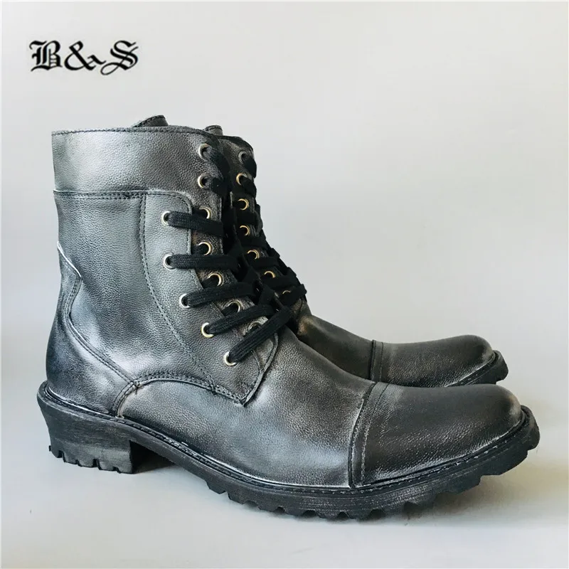 Black&amp; Street vintage retro Leather  Men Motorcycle boots handmade do old denim  - £280.98 GBP