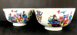 Pair Antique Chinese Tea Bowls Multi Color Figural 2&quot;H 4&quot;W 4 Character Mark EUC - £9.38 GBP
