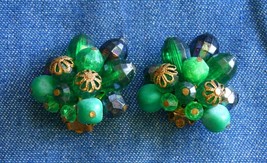 Elegant Shades of Green Acrylic Gold-tone Clip Earrings 1960s vintage 1 1/4&quot; - £9.67 GBP