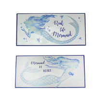Set of 2 Blue White Enamelware Mermaid Themed Metal Wall Signs Coastal Decor - £30.43 GBP