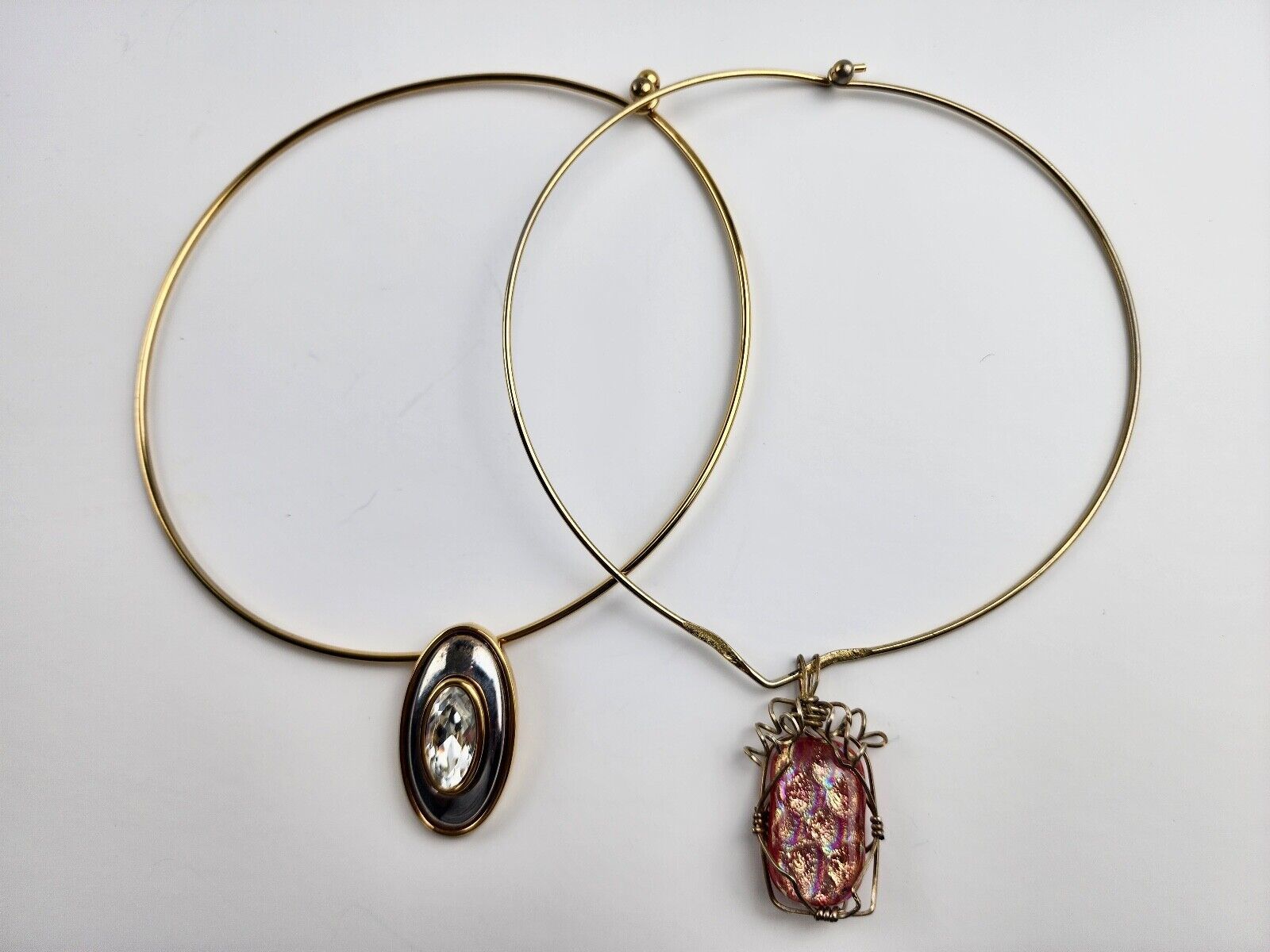 (2) Collar Wire Necklaces 1- Givenchy Silver/Gold Crystal Charm 1-Unsigned Pink - $55.43
