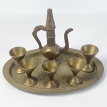 Vintage Brass Turkish Arabic Dallah Tea Set 5 Goblet Cups Teapot Tray - $24.95