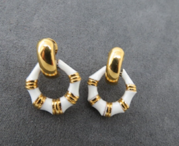 Monet Hoop Clip On Earrings Luxury White Enamel Gold Tone Circle Design 1" High - $15.99