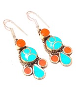 Tibetan Turquoise Coral Handmade Bohemian Jewelry Earrings Nepali 1.80&quot; ... - £6.20 GBP