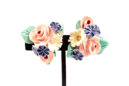 Porcelain Flower Earrings Vintage Clip On 1.5 Inch Diameter - £11.07 GBP